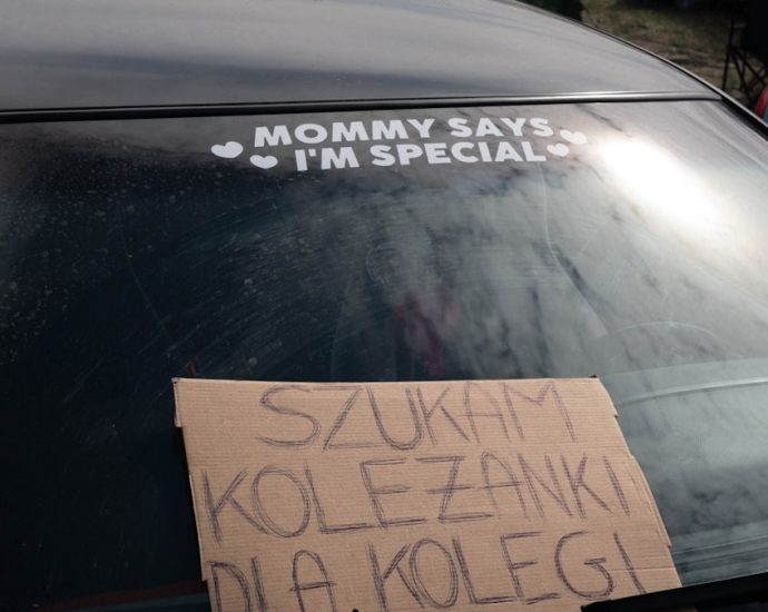 Car windshield with a handwritten sign seeking a girlfriend.